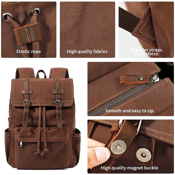 Vintage Canvas Backpack, Men's Travel Rucksack for Laptop Hiking School Bookbag - Picture 4 of 6